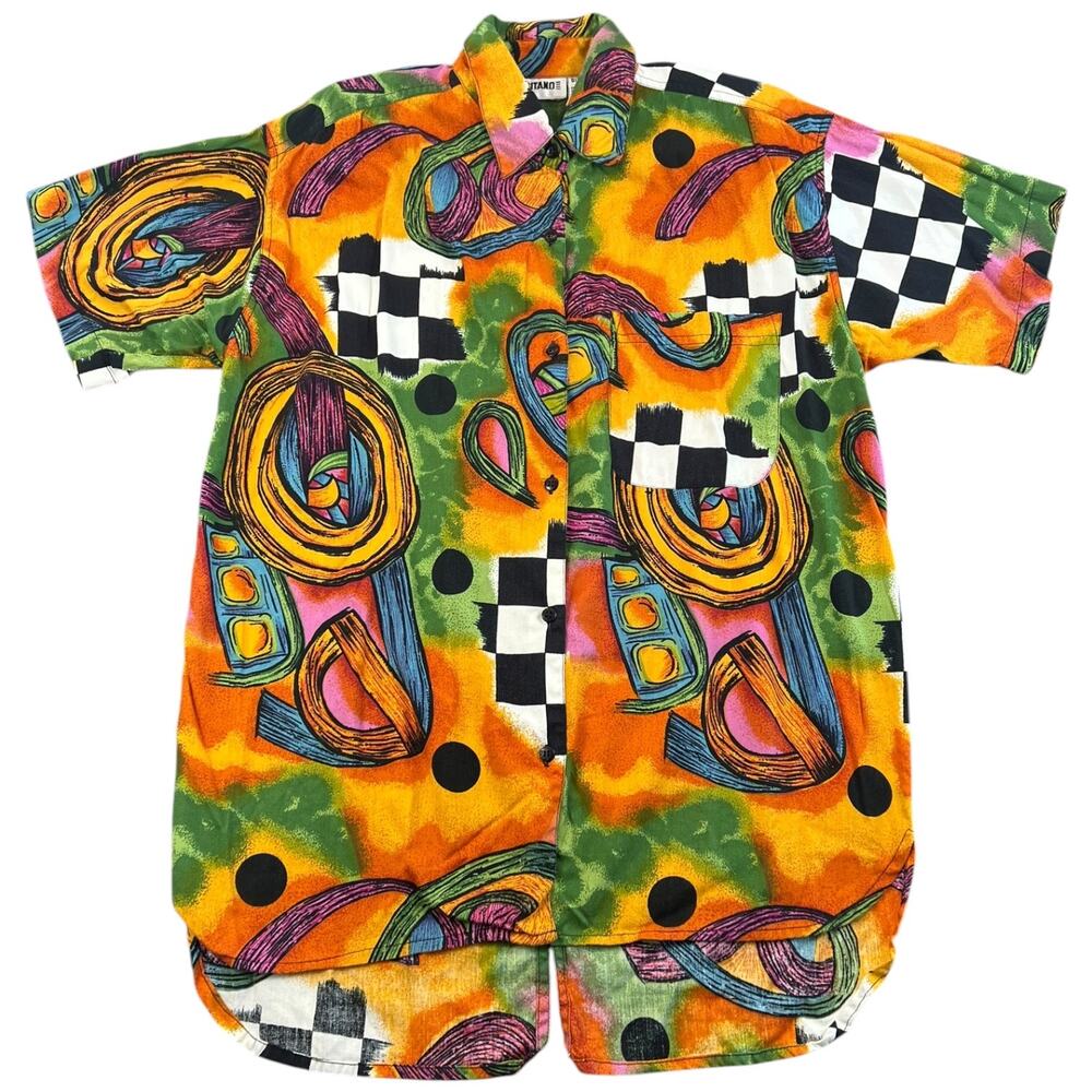 Vintage 1990s Gitano Abstract Print Shoulder Pad Button Up Shirt Women’s M